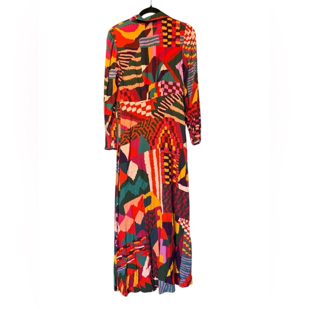Farm Rio Red Abstract Patches Maxi Dress V Neck Collar Long Sleeve Size Small - Picture 4 of 7
